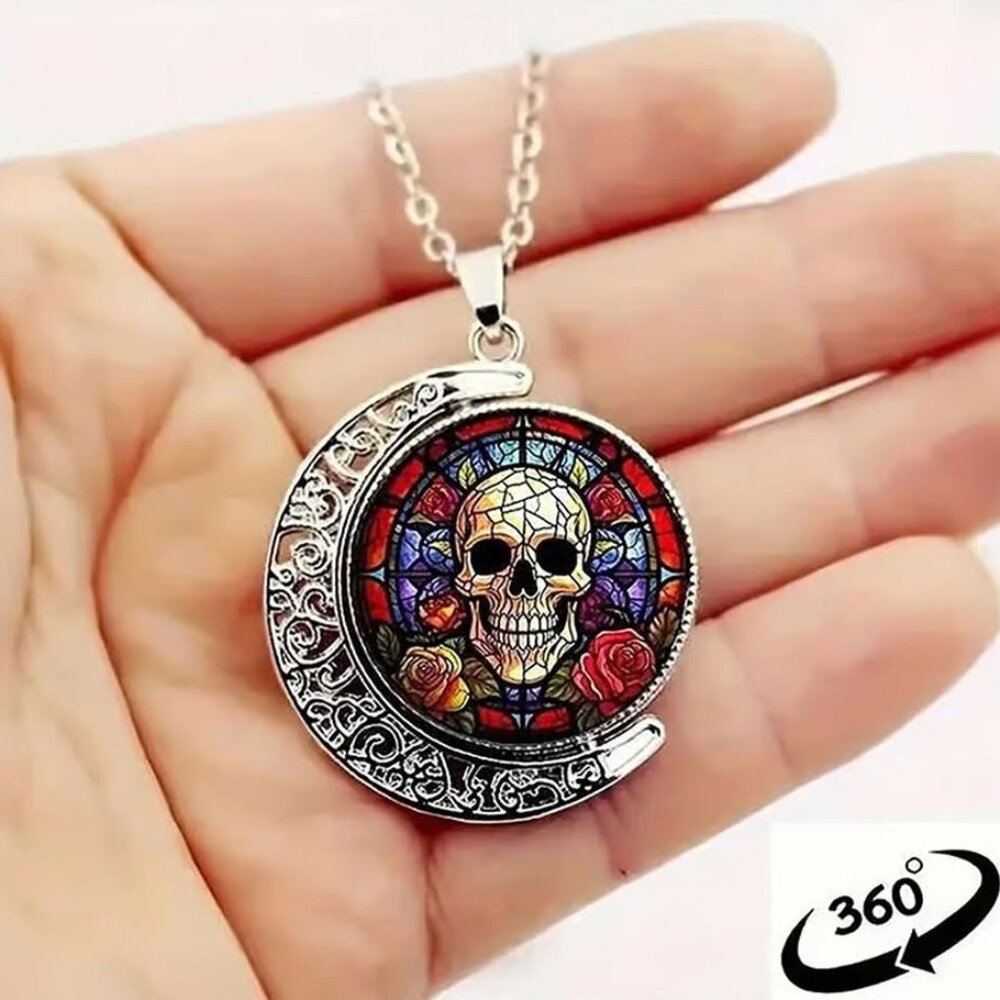 Silver SKULL Rotating Pendant Necklace